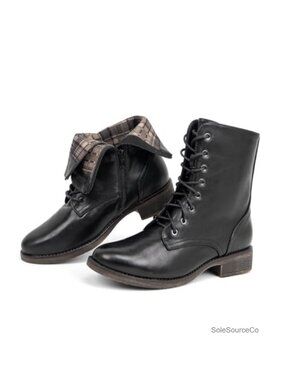 Mid Calf Lace Up Combat Boots Low Heel Faux Leather Zipper Booties
